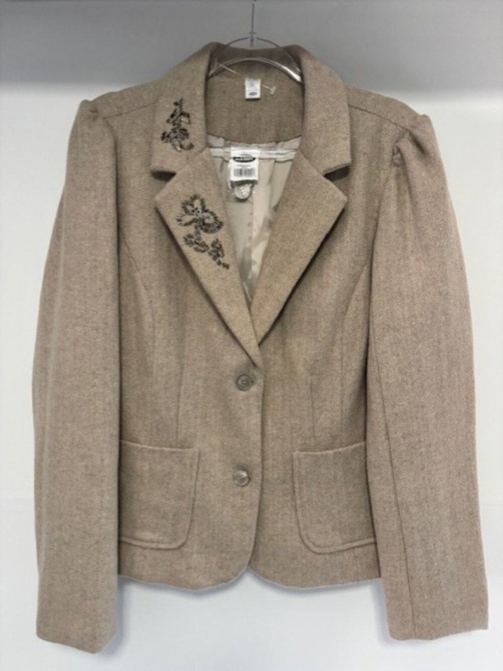 NWT Old Navy Womens XL Wool Blend Blazer Beige Embroidered Floral Button Jacket